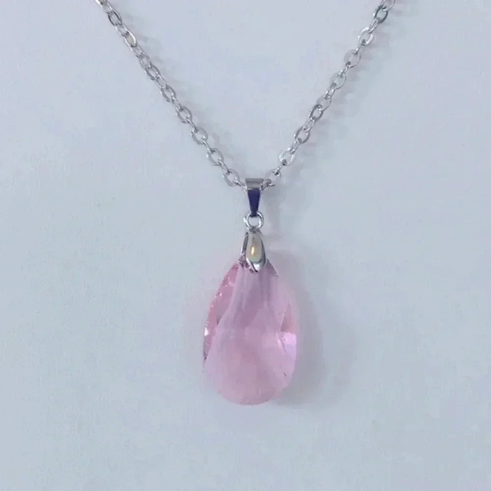 Pink Crystal Teardrop Stainless Steel Necklace NWT